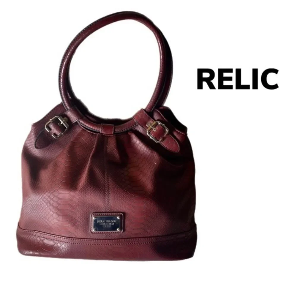 Relic Burgundy Crocodile Embossed Leather Shoulder Purse